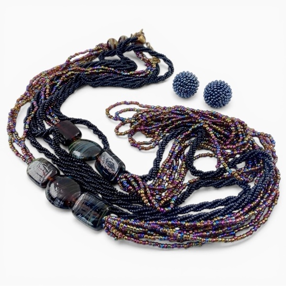 Vintage Jewelry - Vintage Peacock Carnival Glass Black Seed Bead Necklace Lot Clip on Earrings.